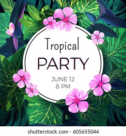 Bright vector floral banner template for summer beach party. Tropical flyer with green exotic palms and pink flowers.