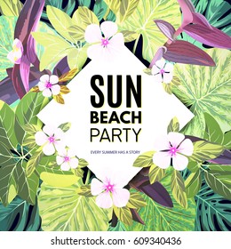 Bright vector floral banner template for summer beach party. Tropical flyer with green exotic palms and pink flowers.