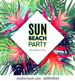 Bright vector floral design template for summer party. Tropical flyer with green exotic palm leaves and red flowers.