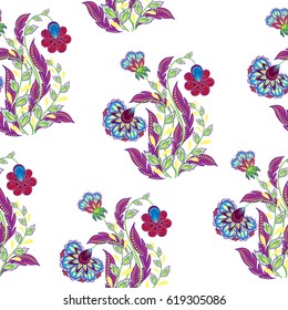 Bright vector floral seamless pattern with hand draw fantasy flowers.