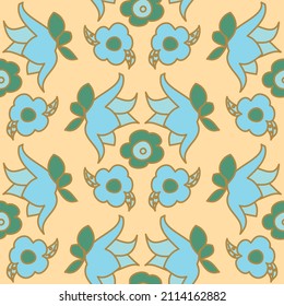 Rama vectorial brillante de simetría floral con flores azules con fondo dorado sobre fondo beige pálido