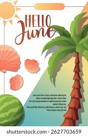 Bright vector flyer with palm tree, watermelon and seashells. Perfect for summer ads, social media, blogs, postcards, and seasonal designs.
