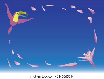 A bright vector of a flying colorful toucan and a pink exotic flower with scattered petals on the blue gradient background. Good for greeting or invitation card.