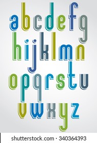 Bright vector font, rounded lowercase letters with white outline.  Unusual typescript for posters