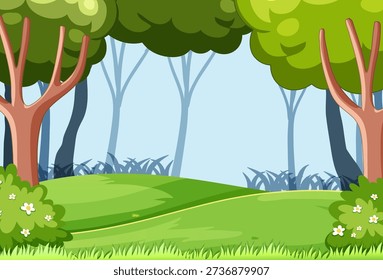 Bright vector forest scene with leafy trees, grassy hills, and soft natural lighting effects