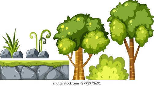 Bright vector forest scene with leafy trees, bushes, rocks, and ferns in cartoon style