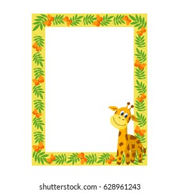 Bright vector frame with a cute cartoon giraffe and butterflies for design of a children's photo album, postcards