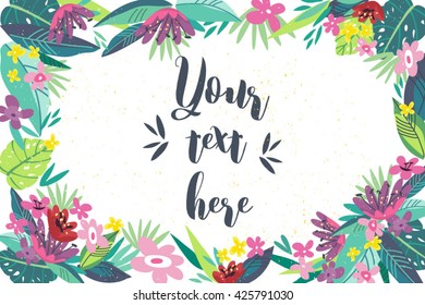 Bright vector frame made from tropical flowers and leaves in watercolor style.