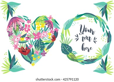 Bright vector frame made from tropical flowers and leaves in watercolor style "Holidays"