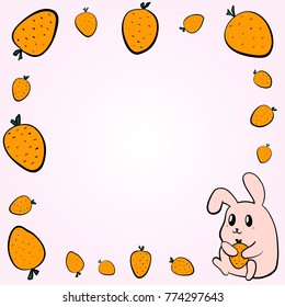 Bright vector frame with pink rabbit and orange carrots on pink background. Frame with cute pink bunny for baby's things.