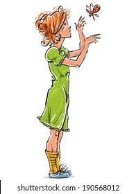 Bright vector full-length hand-drawn Caucasian teen, colorful side view drawing of pretty young red-haired girl catch a butterfly, multicolored illustration of a standing look-up girl.