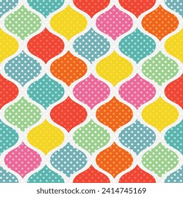 Bright vector geometric pattern with polka dot shapes in retro colors of the 50s of the last century