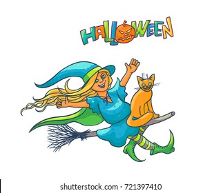 Bright vector girl witch on broom with cat. Illustration cheerful, humorous young magician and pet to all saints day. Children party Halloween. Charmer in pointed hat flying. Lettering with pumpkin