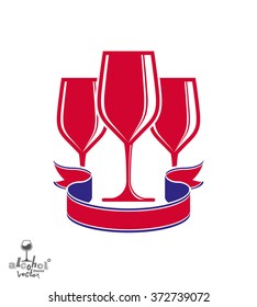 Bright vector goblets set with creative red ribbon, party and celebration theme illustration. Lifestyle graphic design elements, entertainment idea.