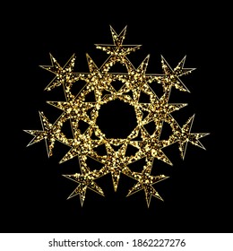 
Helle Vektorgoldstäube, festliches Schneeflocken-Design auf schwarzem Hintergrund