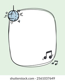 Bright vector greeting card template with disco ball and music notes. Frame for photo, text. Design of notepad page layout, price tag. Editable background