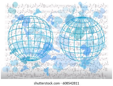 bright vector grid earth globe icons on rough ink splatters background