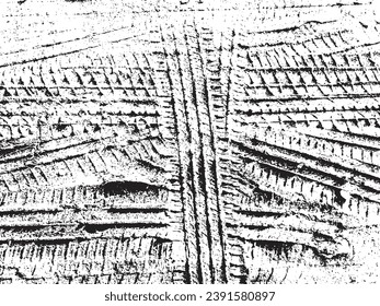 Bright vector grunge texture of a lot of car tire prints on the sand. Distress texture for overlay, stencil. Design element. Rough abstract illustration with big and small grains, dirt spray, damages
