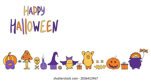 Bright vector Halloween banner with funny cute hand-drawn characters.