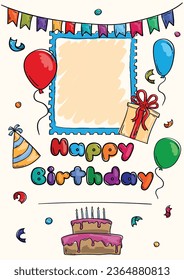 Tarjeta de feliz cumpleaños con foto y texto dibujada a mano por un vector brillante.