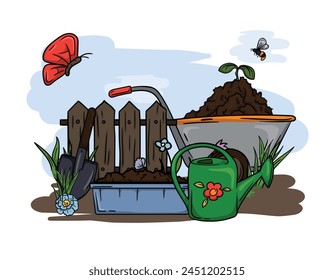 Bright vector hand drawn illustration of garden tools, fence, cart, watering can, flower pots and spring nature.