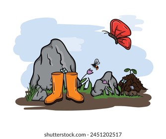 Ilustración de Vector brillante dibujada a mano de la naturaleza de la primavera, piedras, hierba, flores y botas de goma