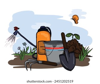 Bright vector hand drawn illustration of garden tools, shovel, rake, bucket, sprayer and spring nature.