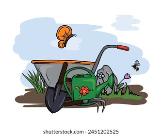 Ilustración de Vector brillante dibujada a mano de herramientas de jardín, regadera, pala, Carrito y naturaleza de primavera.