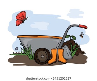 Bright vector hand drawn illustration of garden tools, cart, rubber hoe and spring nature.