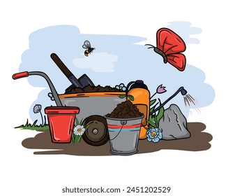 Bright vector hand drawn illustration of garden tools, wheelbarrow, shovel, flower pots and spring nature.