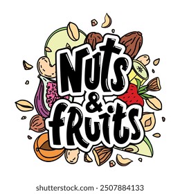 Bright vector hand drawn logo Nuts and Fruits with colorful mix of fruits and nuts in the doodle style on a white background