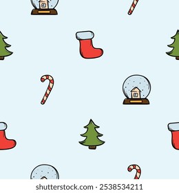 Bright vector hand drawn New Year pattern with Christmas tree, Christmas boot, snow globe and candy cane. Endless holiday background for wrapping paper, decoration, print, banner