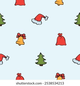 Bright vector hand drawn New Year pattern with bell, hat, Santa's bag and Christmas tree. Endless holiday background for wrapping paper, decoration, print, banner