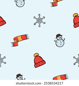 Helle Vektorgrafik, handgezeichnet, Neujahrsmuster mit, Schneemann, Hut, Schal und Schneeflocken. Endloser Feiertagshintergrund für Papier, Dekoration, Druck, Banner