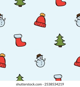 Bright vector hand drawn New Year pattern with Christmas tree, hat, snowman and Christmas boot. Endless holiday background for wrapping paper, decoration, print, banner