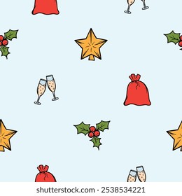 Bright vector hand drawn New Year pattern with Christmas mistletoe, champagne, Santa's bag and star. Endless holiday background for wrapping paper, decoration, print, banner