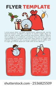 Helle, handgezeichnete Vektorvorlage für Werbung für Weihnachtswaren und -dienstleistungen. Neujahrsdesign für Flyer, Handout, Banner, Poster. Wintersymbole, -zeichen und -zeichen