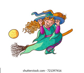 Bright vector happy girl witch on broom with cat. Illustration cheerful, humorous young magician and pet to all saints day. Children party Halloween. Charmer in pointed hat flying and build faces