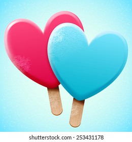 Bright vector heart shaped ice cream on a wooden stick, love sweet snack food; two object for frost poster design 