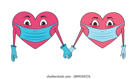 Los corazones vectoriales brillantes en máscaras y guantes están tomados de la mano. Día de San Valentín. Detén el coronavirus. Sírvanse observar las medidas preventivas.