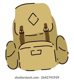 A bright vector hiking backpack, large and roomy. vivid events, wildlife. Flat cartoon style. Postcard, icon, sticker.