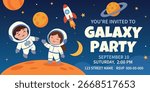 Bright vector horizontal invitation to galaxy party with cute boys and girls astronauts, space, rocket, planets, stars. Colorful design for birthday and party in space style