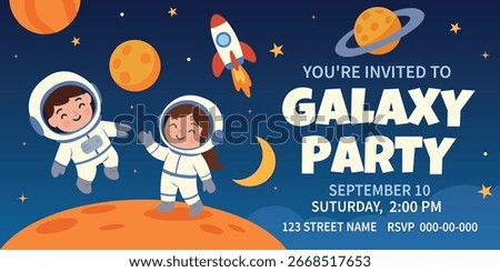 Bright vector horizontal invitation to galaxy party with cute boys and girls astronauts, space, rocket, planets, stars. Colorful design for birthday and party in space style