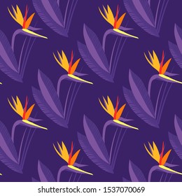 Bright vector hot seamless texture with tropical flowers and leaves, plants. Garden of Eden, forest, jungle. Print for summer clothes, beach. Purple, yellow, orange colors. Multicolored, contrast.