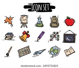 Bright vector icon set of school, education, autumn, school subjects and tools. Signs and symbols drawn by hand. Pictograms for designing a website, application, posts on social networks