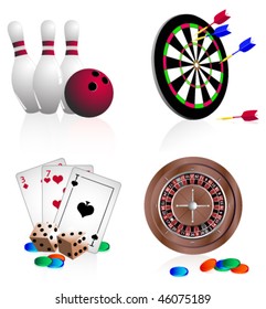 Bright vector icons gambling. Bowling, darts, cards, dice, roulette.