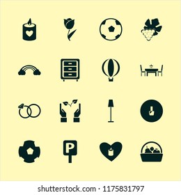 bright vector icons set. with basket apple apricot pear, candle heart, wedding rings and football ball in set