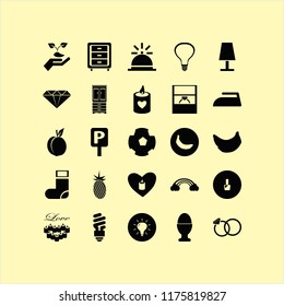 bright vector icons set. with candle heart, peach, fresh pineapple and table lamp in set