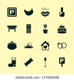 bright vector icons set. with parking sign, present new idea, wedding rings and cake in set