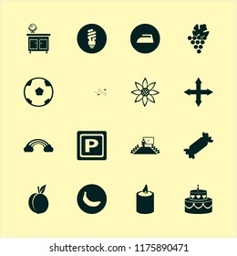bright vector icons set. with sunflower, mirror nightstand, iron and soccer ball in set